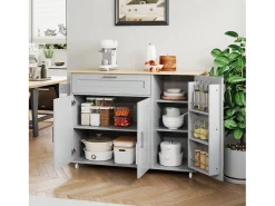 Isla de cocina gris, Isla de cocina móvil con encimera abatible, 3 puertas y 1 cajón - para cocinas y comedores