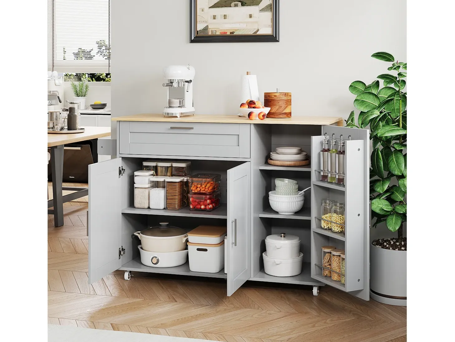Isla de cocina gris, Isla de cocina móvil con encimera abatible, 3 puertas y 1 cajón - para cocinas y comedores
