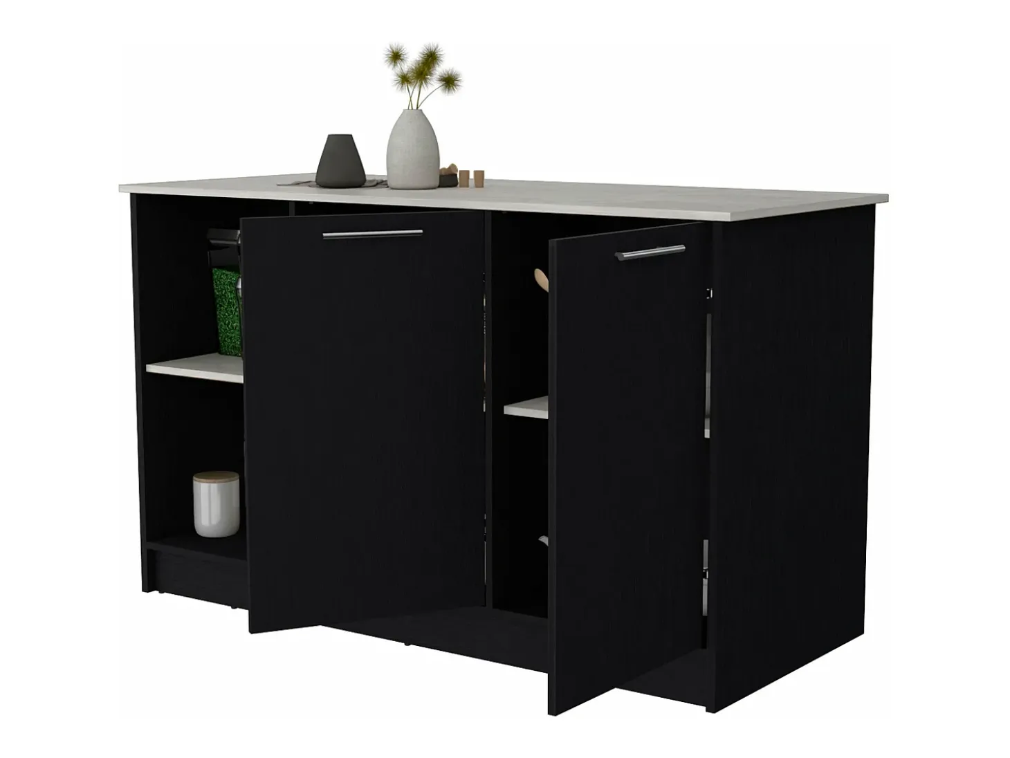 Isla de cocina Juniper en melamina con dos puertas y 3 estantes , 90 cm X 150 cm X 64 cm , Negro / Ibiza
