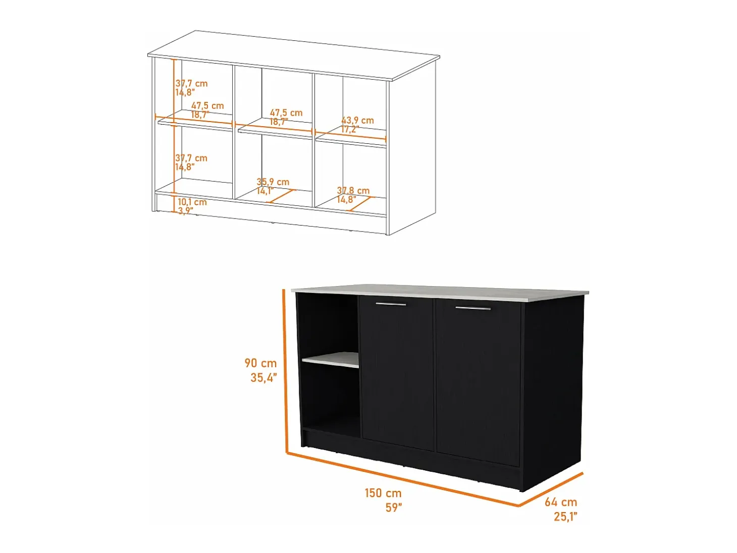 Isla de cocina Juniper en melamina con dos puertas y 3 estantes , 90 cm X 150 cm X 64 cm , Negro / Ibiza
