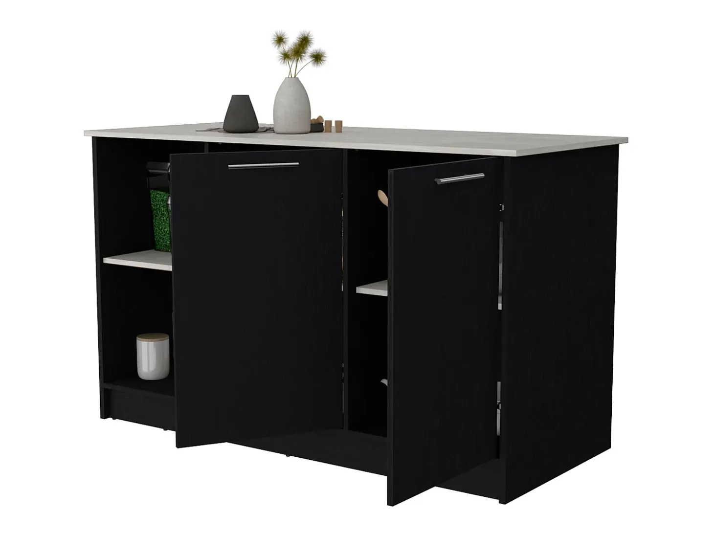Isla de cocina Juniper en melamina con dos puertas y 3 estantes , 90 cm X 150 cm X 64 cm , Negro / Ibiza