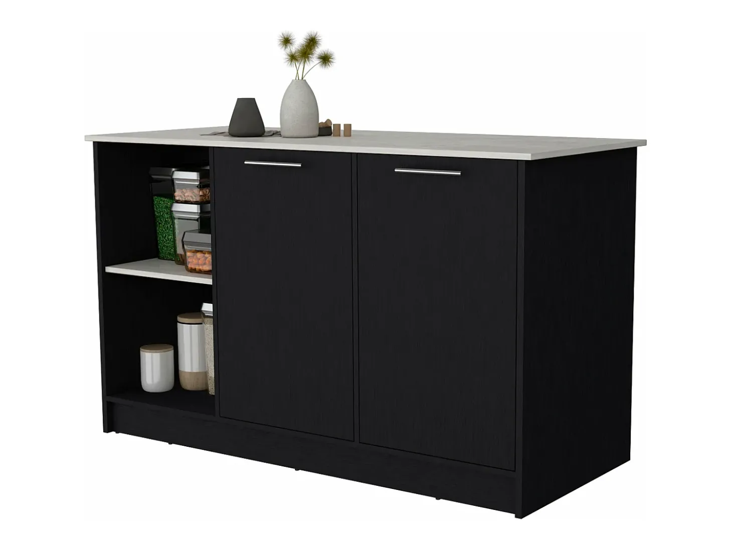 Isla de cocina Juniper en melamina con dos puertas y 3 estantes , 90 cm X 150 cm X 64 cm , Negro / Ibiza