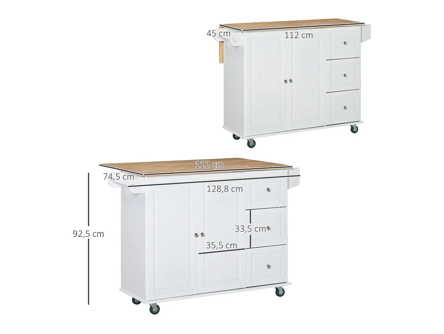 Isla de cocina Kalos Homcom extensible con ruedas blanco 92,5x128,8x75,5 cm