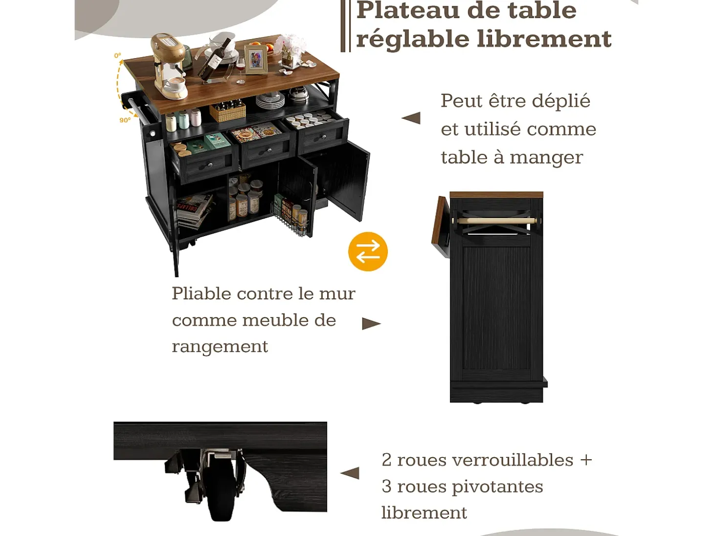 Isla de cocina moderna (118×43-80×98 cm), mueble de cocina con ruedas, separador extraíble, toallero, acabado madera (negro)