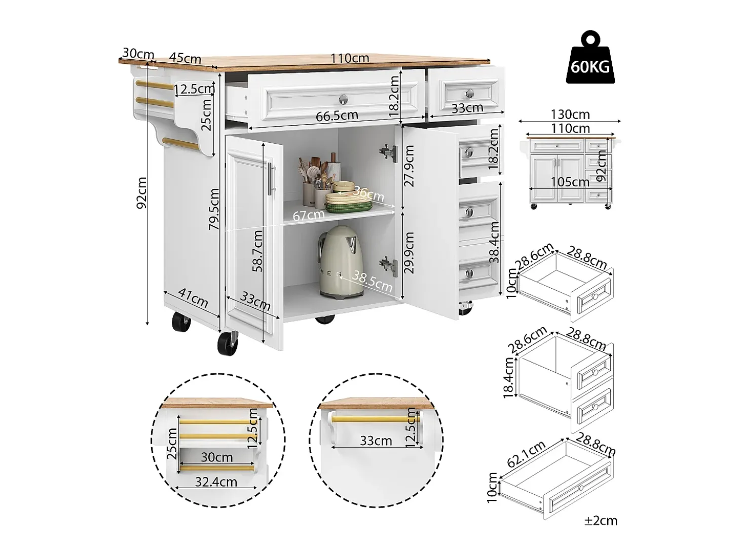 Isla de cocina moderna 130×45×92 cm - con 5 cajones y 2 puertas - encimera extensible - con ruedas - blanco