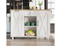 Isla de cocina moderna con espacio de almacenamiento y función de mesa de comedor, color blanco.