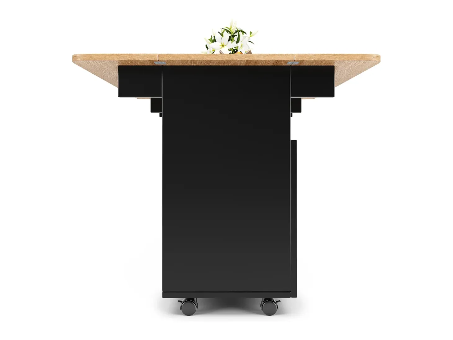 Isla de cocina moderna con estantes plegables, almacenamiento multifuncional, MDF, madera negra y natural (120x30x90 cm)