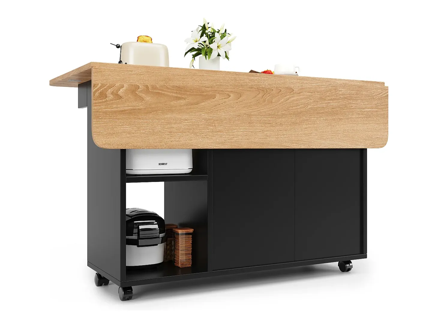 Isla de cocina moderna con estantes plegables, almacenamiento multifuncional, MDF, madera negra y natural (120x30x90 cm)