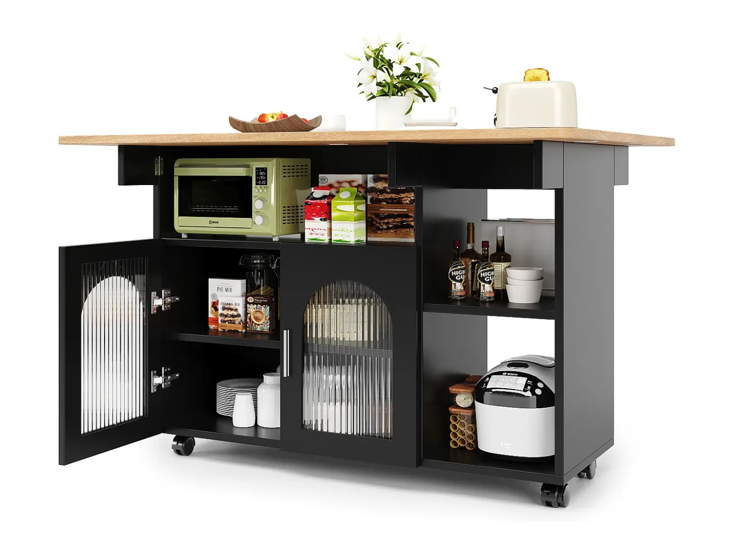 Isla de cocina moderna con estantes plegables, almacenamiento multifuncional, MDF, madera negra y natural (120x30x90 cm)