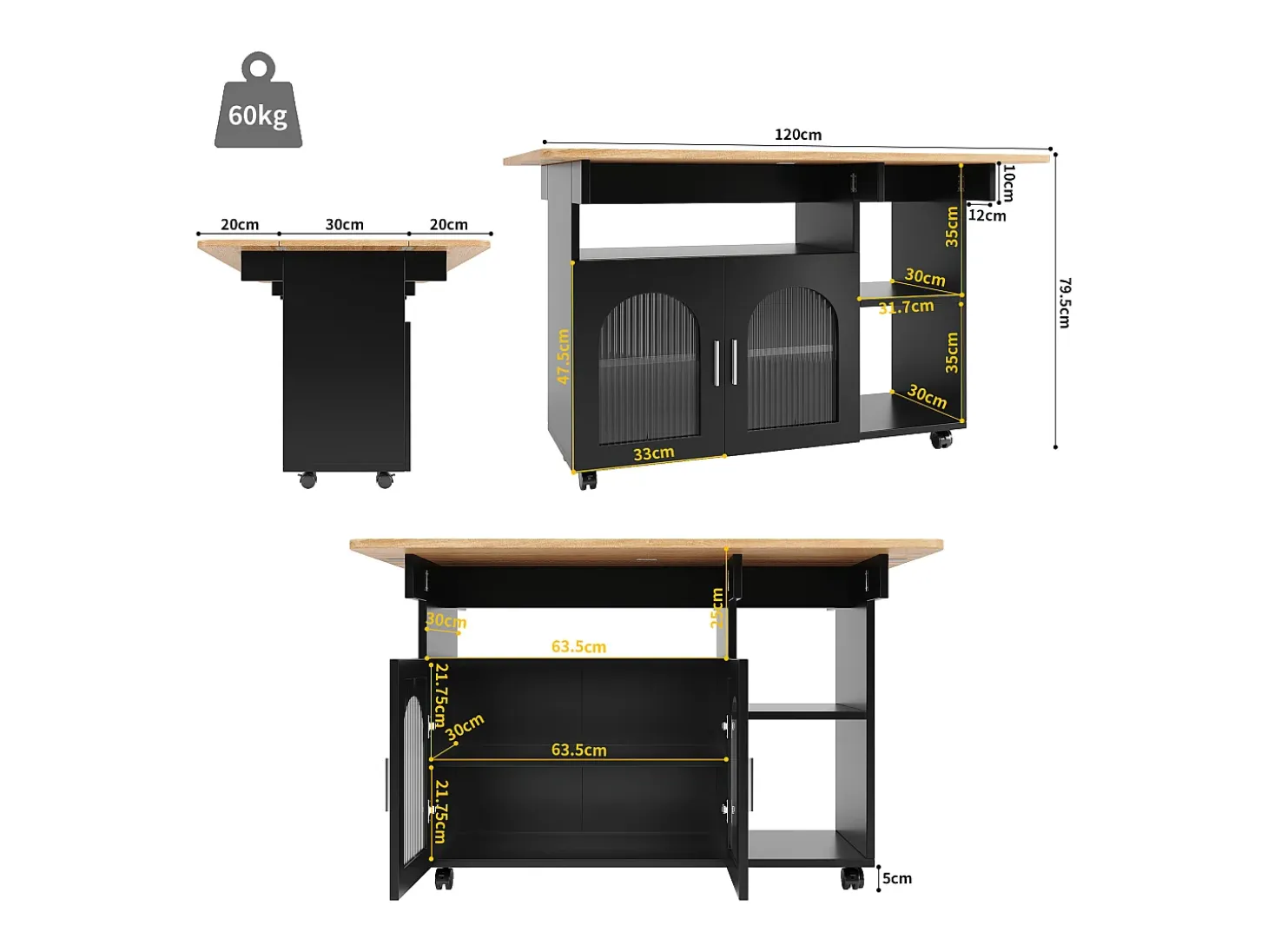 Isla de cocina moderna con estantes plegables, almacenamiento multifuncional, MDF, madera negra y natural (120x30x90 cm)
