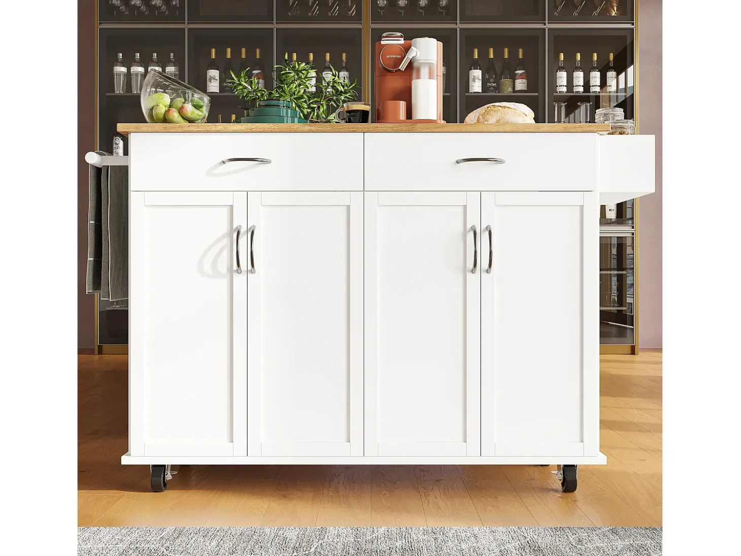Isla de cocina moderna con 4 puertas y 2 cajones - Encimera imitación madera 50(78)x106cm - Blanco