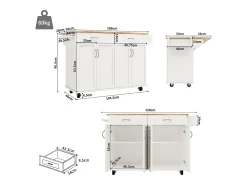 Isla de cocina moderna con 4 puertas y 2 cajones - Encimera imitación madera 50(78)x106cm - Blanco