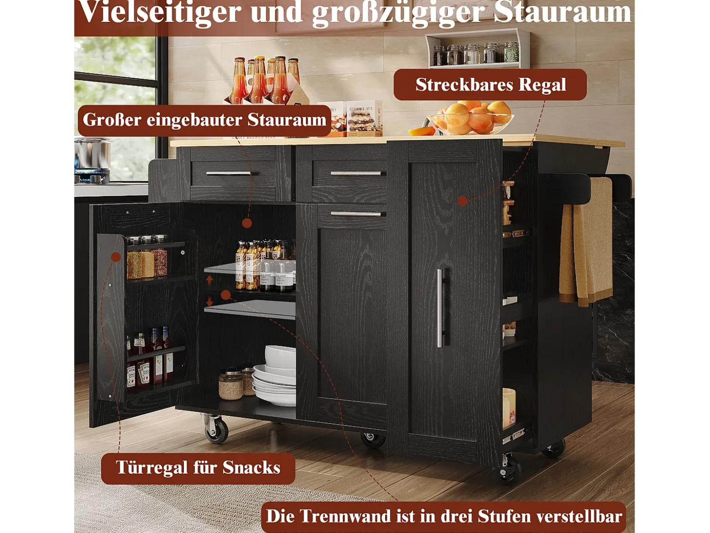 Isla de cocina moderna con almacenaje, aparador con mesa plegable, MDF y metal, color negro (110 x 46 x 90,5 cm)