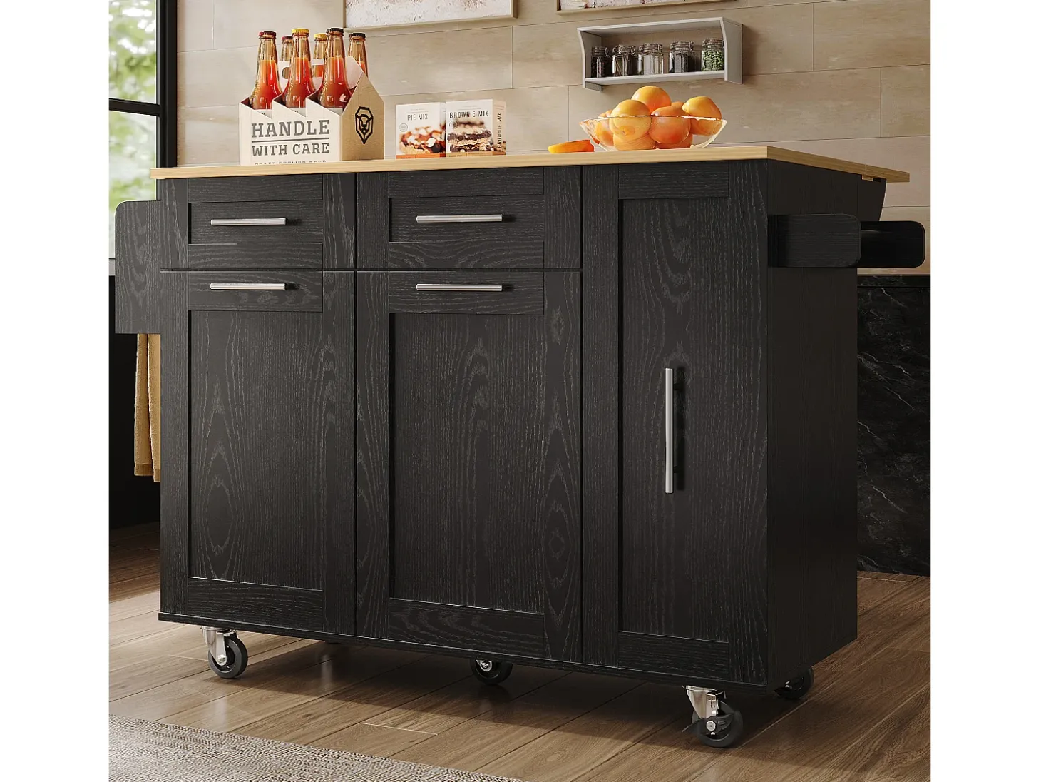 Isla de cocina moderna con almacenaje, aparador con mesa plegable, MDF y metal, color negro (110 x 46 x 90,5 cm)