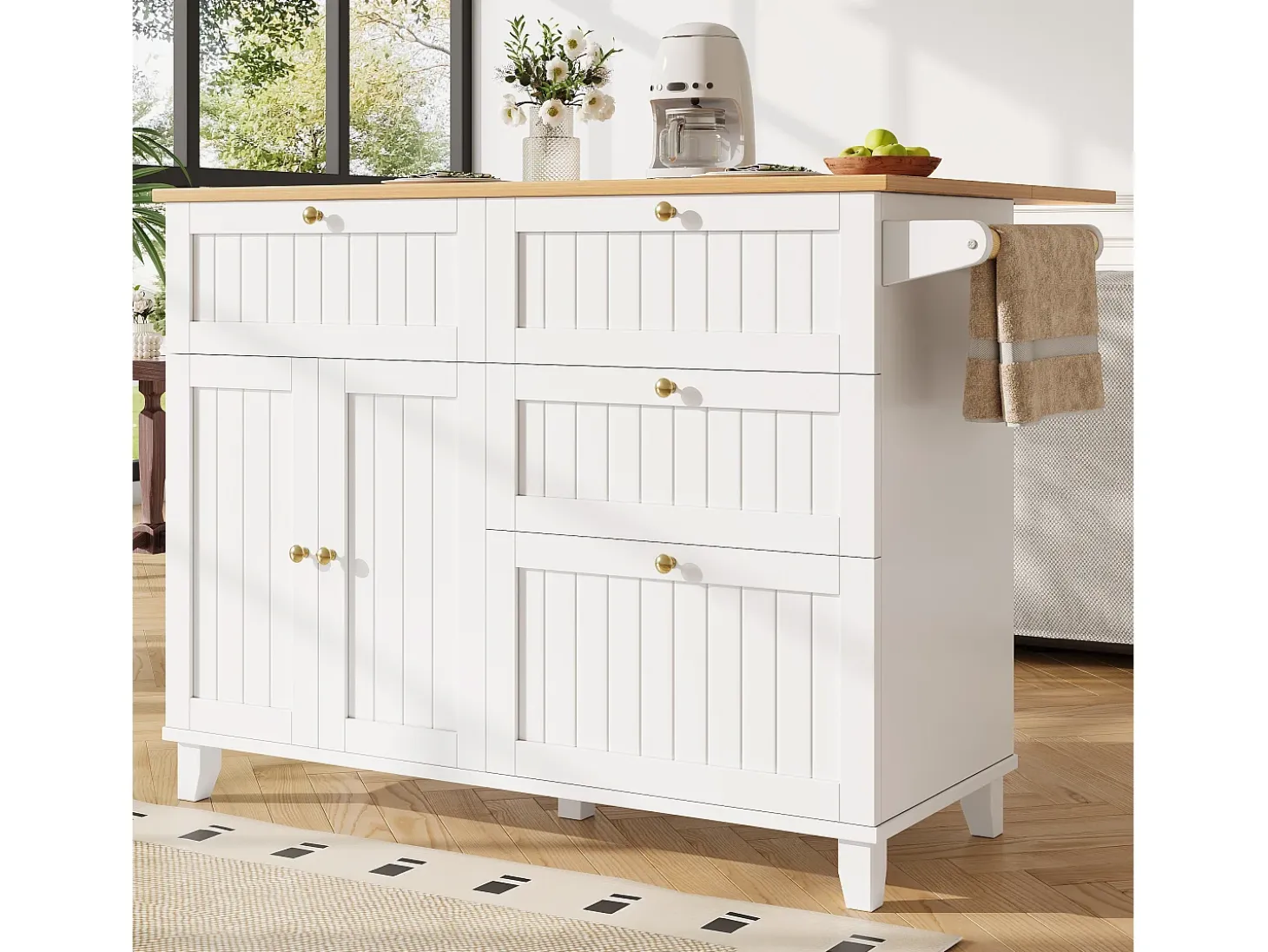 Isla de cocina moderna, mueble de almacenaje, mesa extensible con espacio de almacenaje, MDF, negro (133x49,2x88 cm)