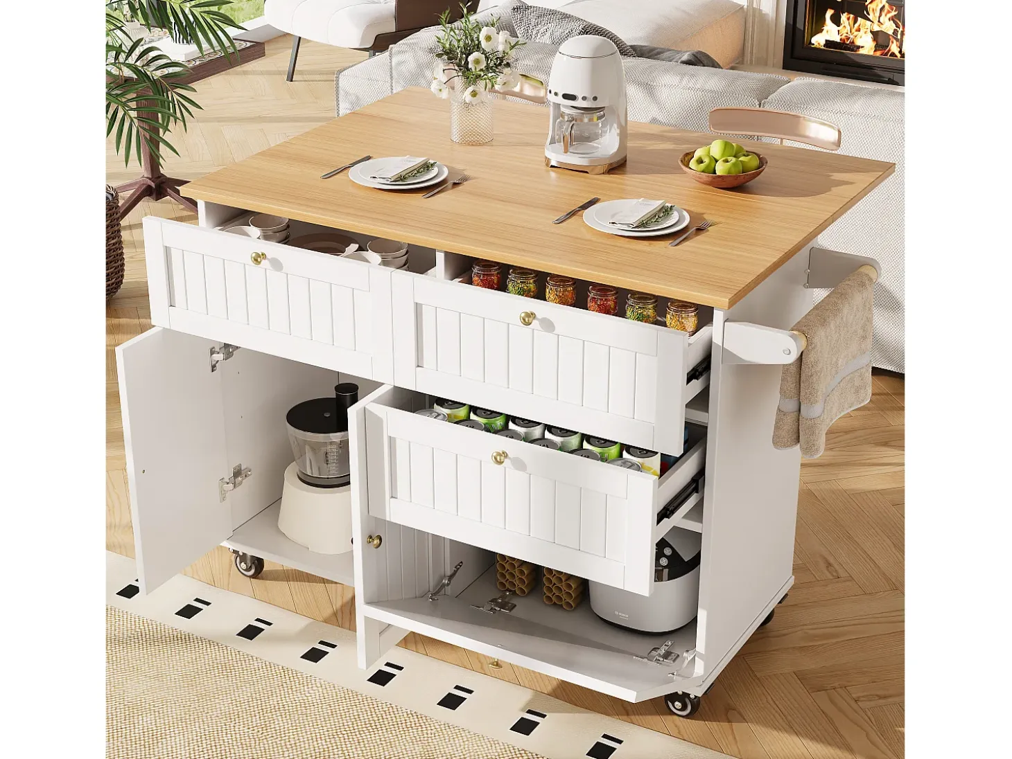 Isla de cocina moderna, mueble de almacenaje, mesa extensible con espacio de almacenaje, MDF, negro (133x49,2x88 cm)