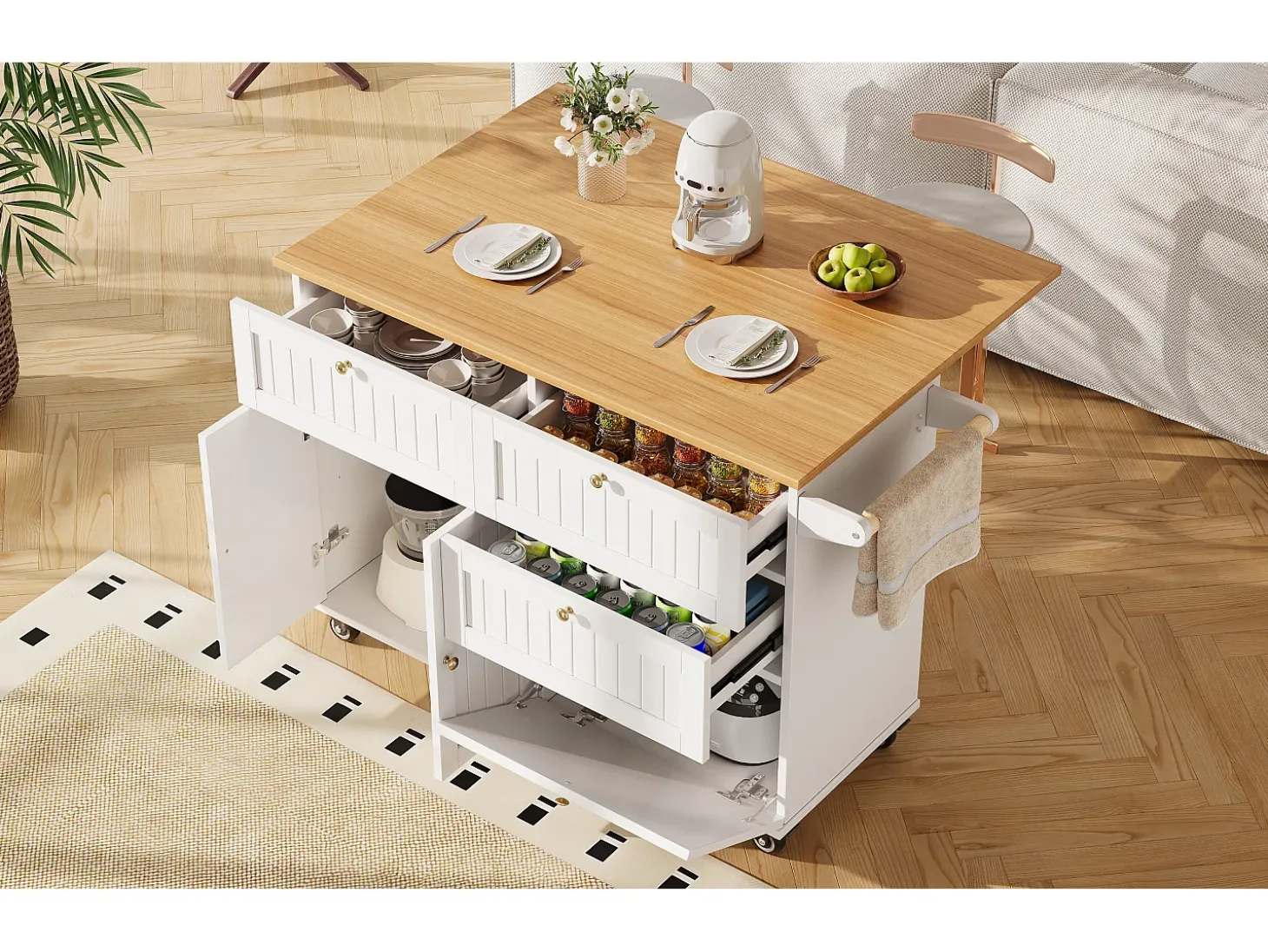 Isla de cocina moderna, mueble de almacenaje, mesa extensible con espacio de almacenaje, MDF, negro (133x49,2x88 cm)