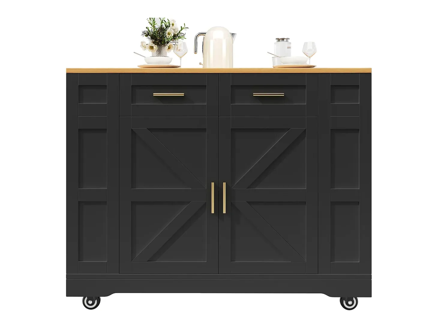 Isla de cocina multifuncional, mueble de almacenaje con mesa extensible, MDF, negro (120x65x90 cm)