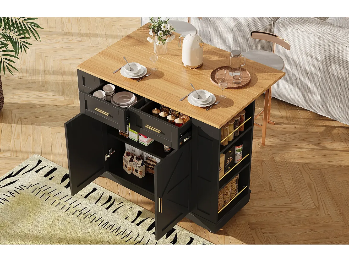 Isla de cocina multifuncional, mueble de almacenaje con mesa extensible, MDF, negro (120x65x90 cm)