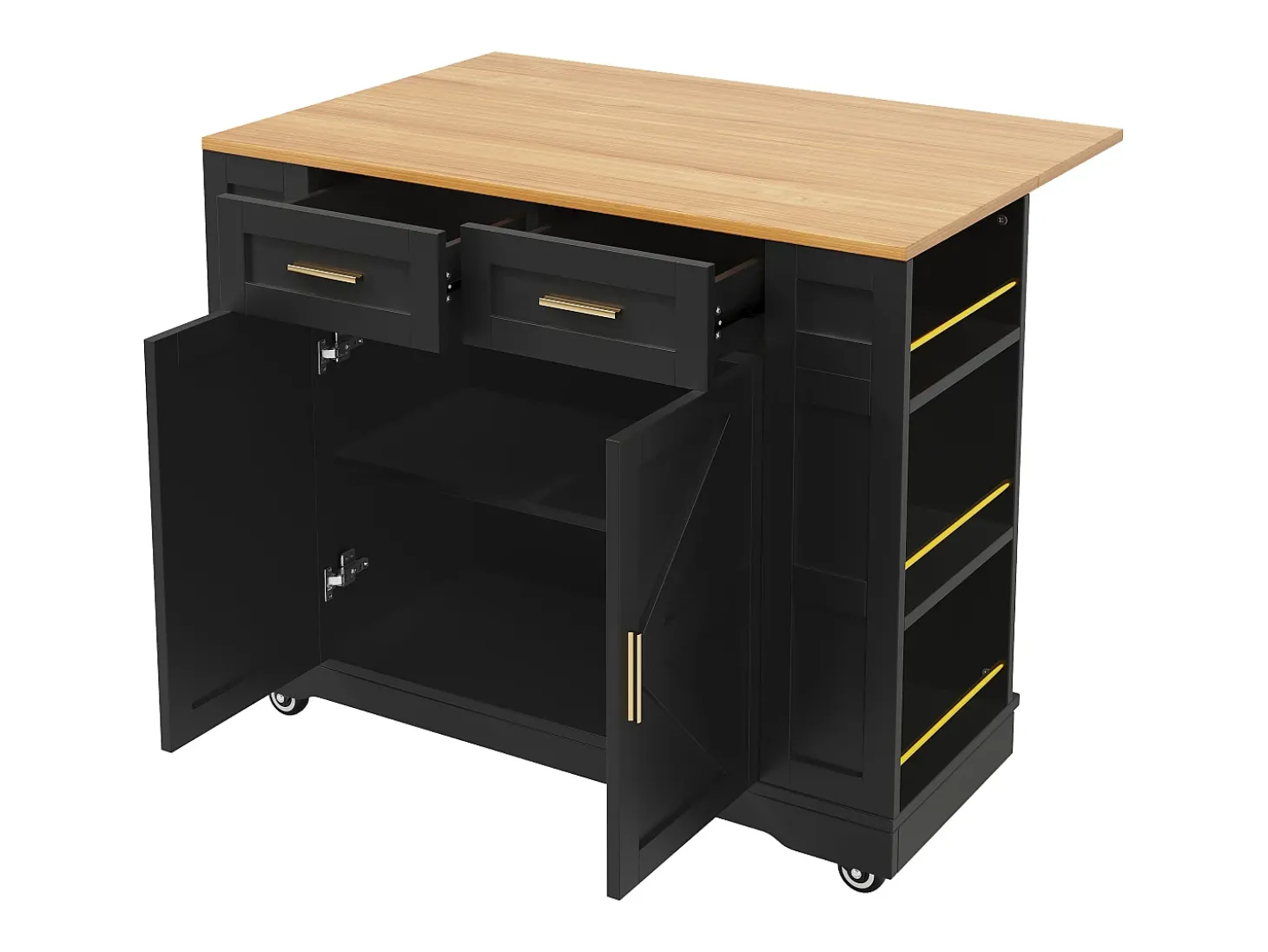 Isla de cocina multifuncional, mueble de almacenaje con mesa extensible, MDF, negro (120x65x90 cm)