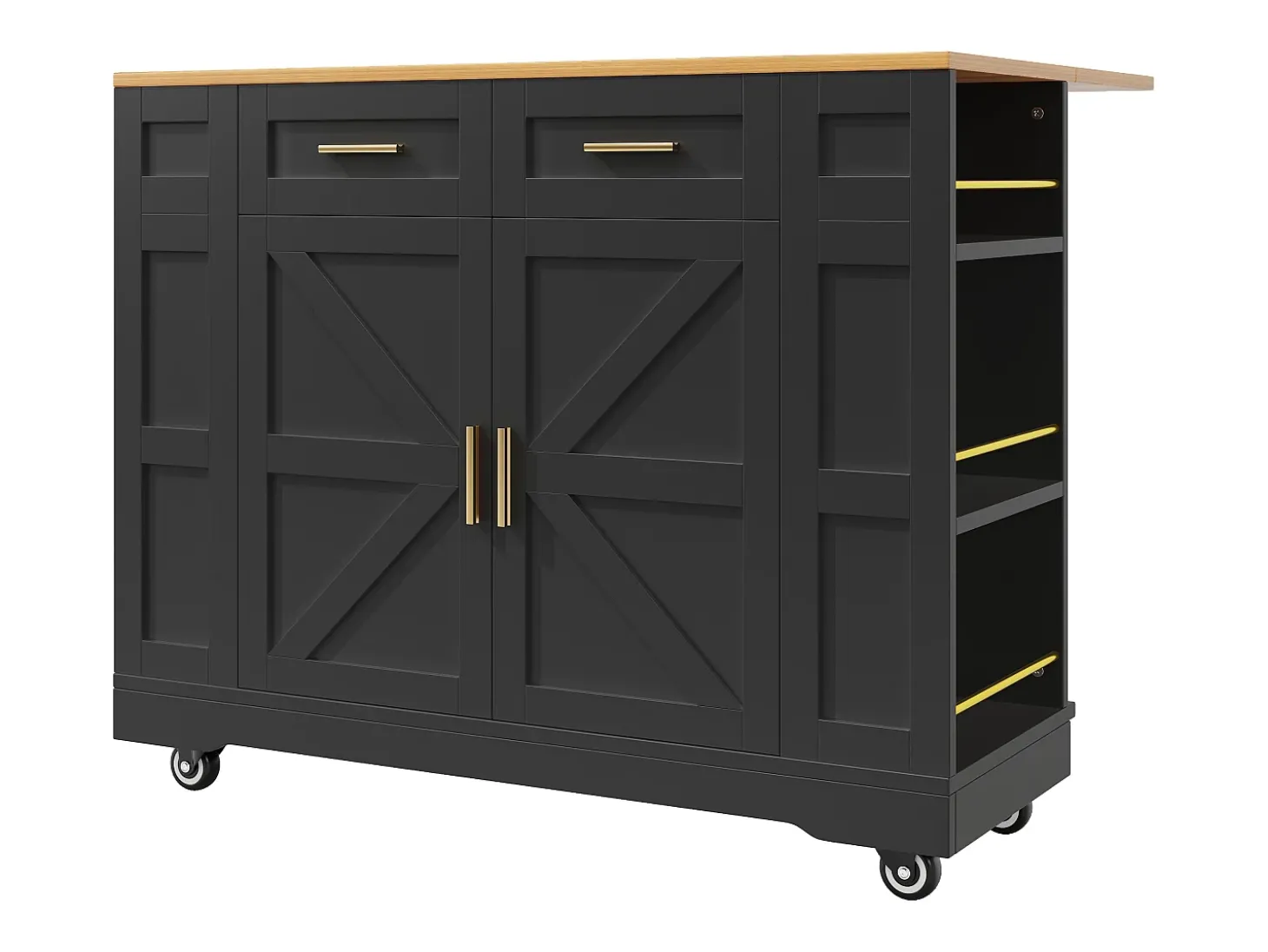 Isla de cocina multifuncional, mueble de almacenaje con mesa extensible, MDF, negro (120x65x90 cm)
