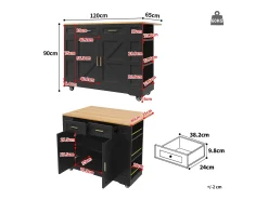 Isla de cocina multifuncional, mueble de almacenaje con mesa extensible, MDF, negro (120x65x90 cm)