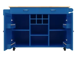 Isla de cocina multifuncional con encimera, almacenaje flexible y toallero lateral, madera natural, azul (102x45x92 cm)