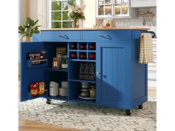 Isla de cocina multifuncional con encimera, almacenaje flexible y toallero lateral, madera natural, azul (102x45x92 cm)