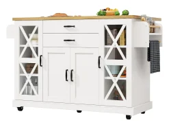 Isla de cocina móvil - 148 x 40 (63,5) x 94,5 cm - con estantes ajustables + 4 puertas + 2 cajones - MDF + metal - blanca