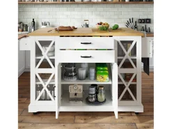 Isla de cocina móvil - 148 x 40 (63,5) x 94,5 cm - con estantes ajustables + 4 puertas + 2 cajones - MDF + metal - blanca