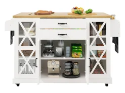 Isla de cocina móvil - 148 x 40 (63,5) x 94,5 cm - con estantes ajustables + 4 puertas + 2 cajones - MDF + metal - blanca
