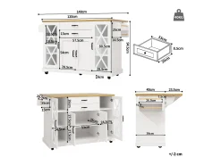 Isla de cocina móvil - 148 x 40 (63,5) x 94,5 cm - con estantes ajustables + 4 puertas + 2 cajones - MDF + metal - blanca