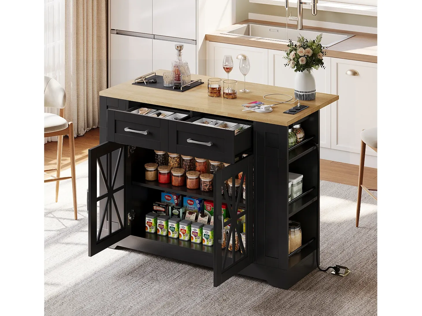 Isla de cocina móvil - con USB - encimera extensible - 2 cajones y 2 puertas - MDF - Negro