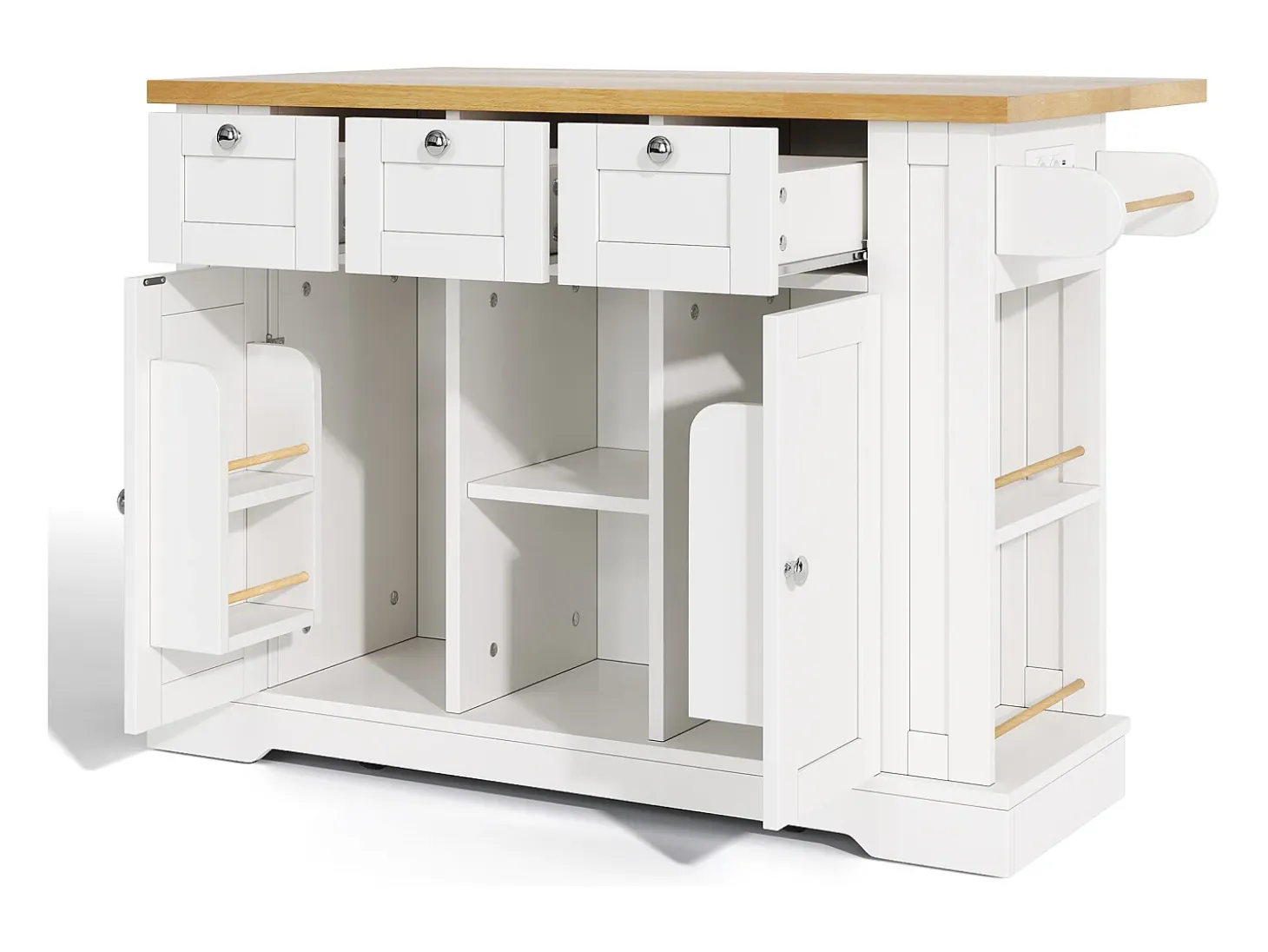 Isla de cocina móvil - con USB - encimera extensible - 3 cajones y 2 puertas - con toallero - MDF - blanco