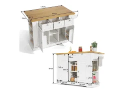 Isla de cocina móvil - con USB - encimera extensible - 3 cajones y 2 puertas - con toallero - MDF - blanco