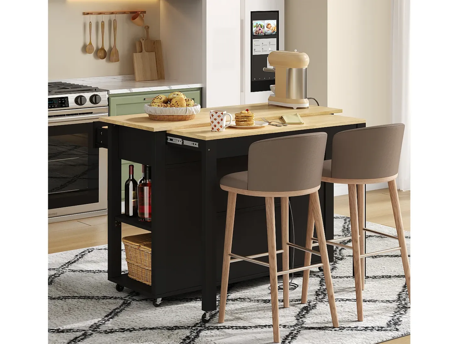 Isla de cocina móvil - encimera extensible - con USB y toallero - con 2 cajones y 2 puertas - MDF - Negro