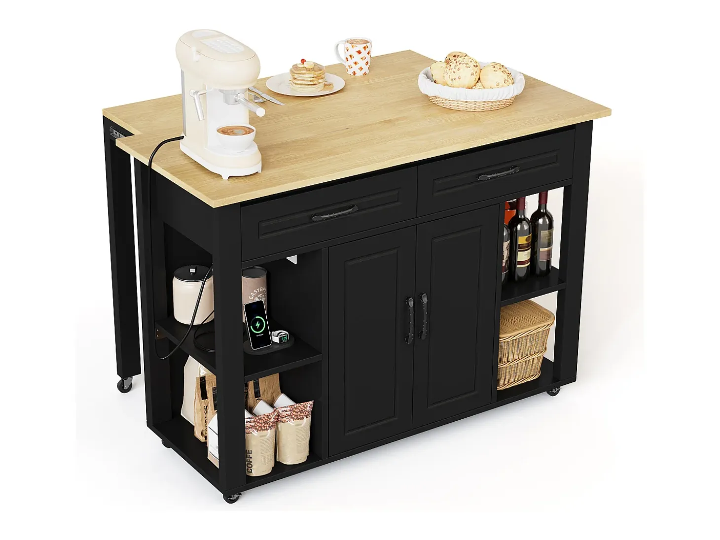 Isla de cocina móvil - encimera extensible - con USB y toallero - con 2 cajones y 2 puertas - MDF - Negro