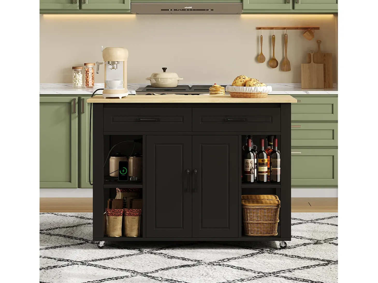 Isla de cocina móvil - encimera extensible - con USB y toallero - con 2 cajones y 2 puertas - MDF - Negro