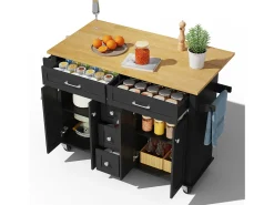 Isla de cocina móvil - encimera extensible - 5 cajones y 4 puertas - con toallero - MDF - negro