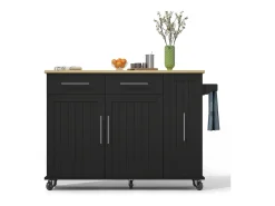 Isla de cocina móvil - encimera extensible - 2 cajones y 2 puertas - con toallero - MDF - Negro