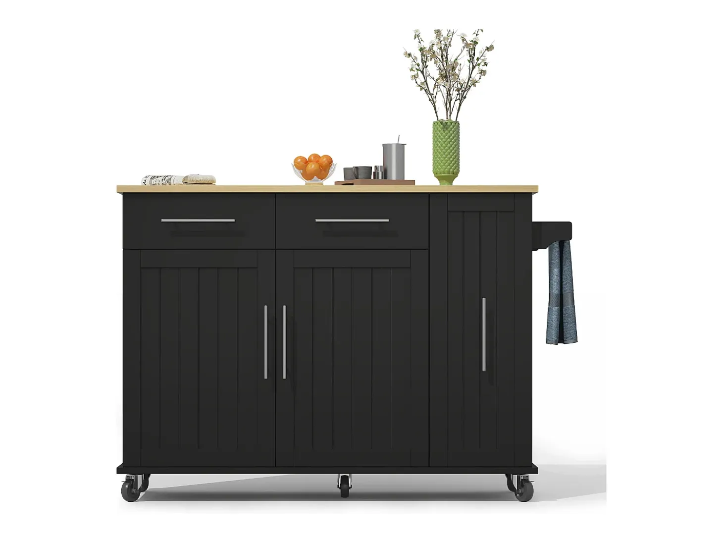 Isla de cocina móvil - encimera extensible - 2 cajones y 2 puertas - con toallero - MDF - Negro
