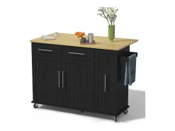 Isla de cocina móvil - encimera extensible - 2 cajones y 2 puertas - con toallero - MDF - Negro