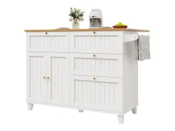 Isla de cocina móvil - encimera extensible - 3 cajones y 2 puertas - 1 puerta abatible - con toallero - MDF - blanco + natural