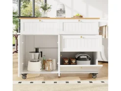 Isla de cocina móvil - encimera extensible - 3 cajones y 2 puertas - 1 puerta abatible - con toallero - MDF - blanco + natural