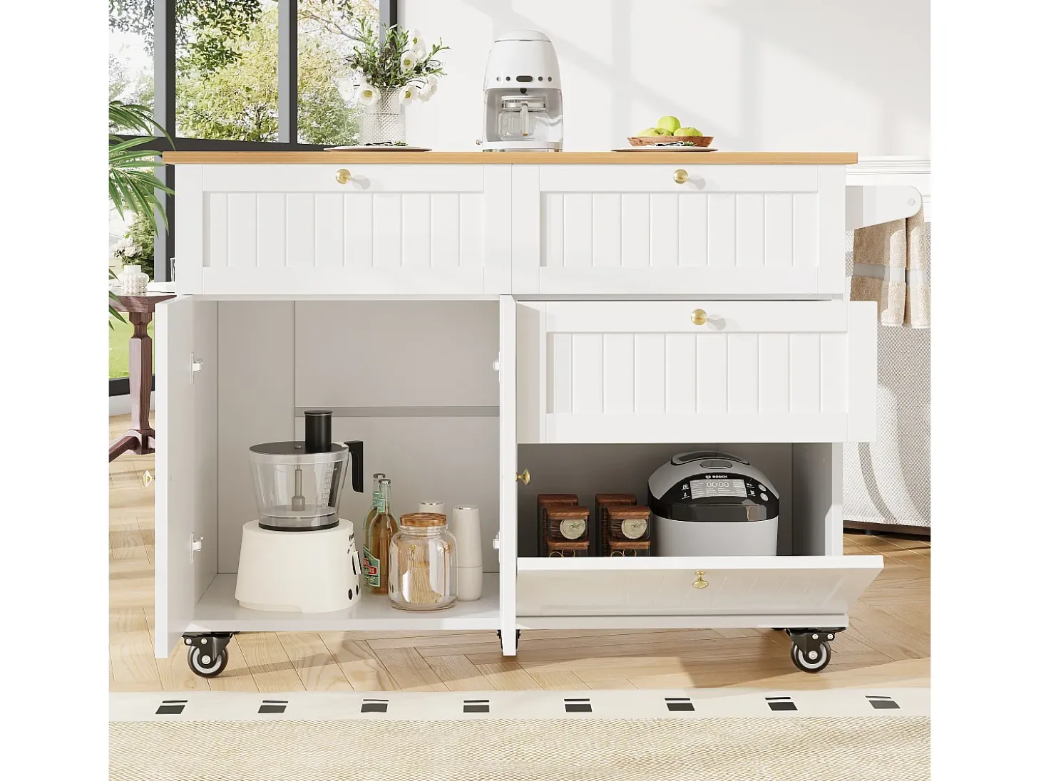 Isla de cocina móvil - encimera extensible - 3 cajones y 2 puertas - 1 puerta abatible - con toallero - MDF - blanco + natural