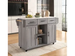 Isla de cocina móvil - Isla de cocina gris con 3 cajones y 2 puertas - encimera abatible - tiradores negros