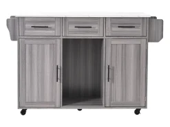 Isla de cocina móvil - Isla de cocina gris con 3 cajones y 2 puertas - encimera abatible - tiradores negros