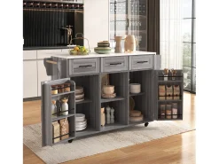 Isla de cocina móvil - Isla de cocina gris con 3 cajones y 2 puertas - encimera abatible - tiradores negros
