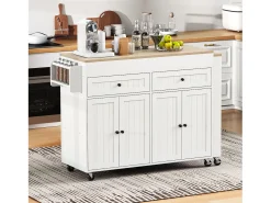 Isla de cocina móvil blanca - Carrito de cocina con 4 puertas y 2 cajones - tablero de madera extensible y especiero