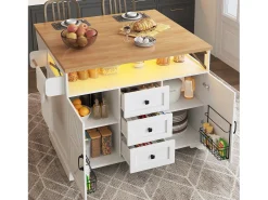 Isla de cocina móvil central - Tablero extensible - 120x71x98cm - con LED - 2 puertas y 3 cajones - estantes abiertos - Blanco
